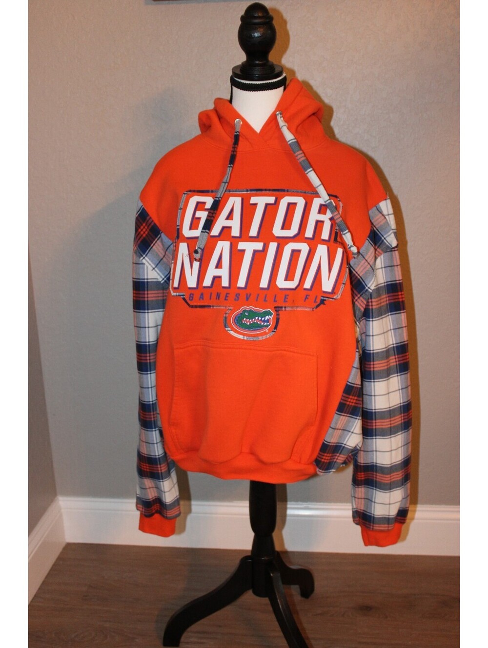 University of Florida Gator Nation Orange Hoodie with Plaid Sleeves Large